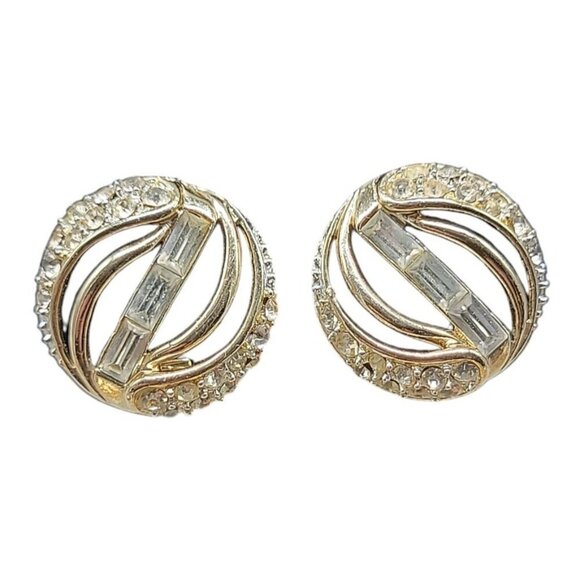 Kramer Vintage Clip One Earrings Diamante Gold Tone Round Studs High End Estate - Picture 8 of 11
